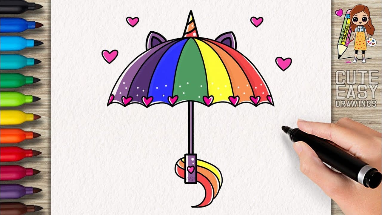 Preview of How to Draw a Cute Rainbow Unicorn Umbrella, Cute Easy Drawings