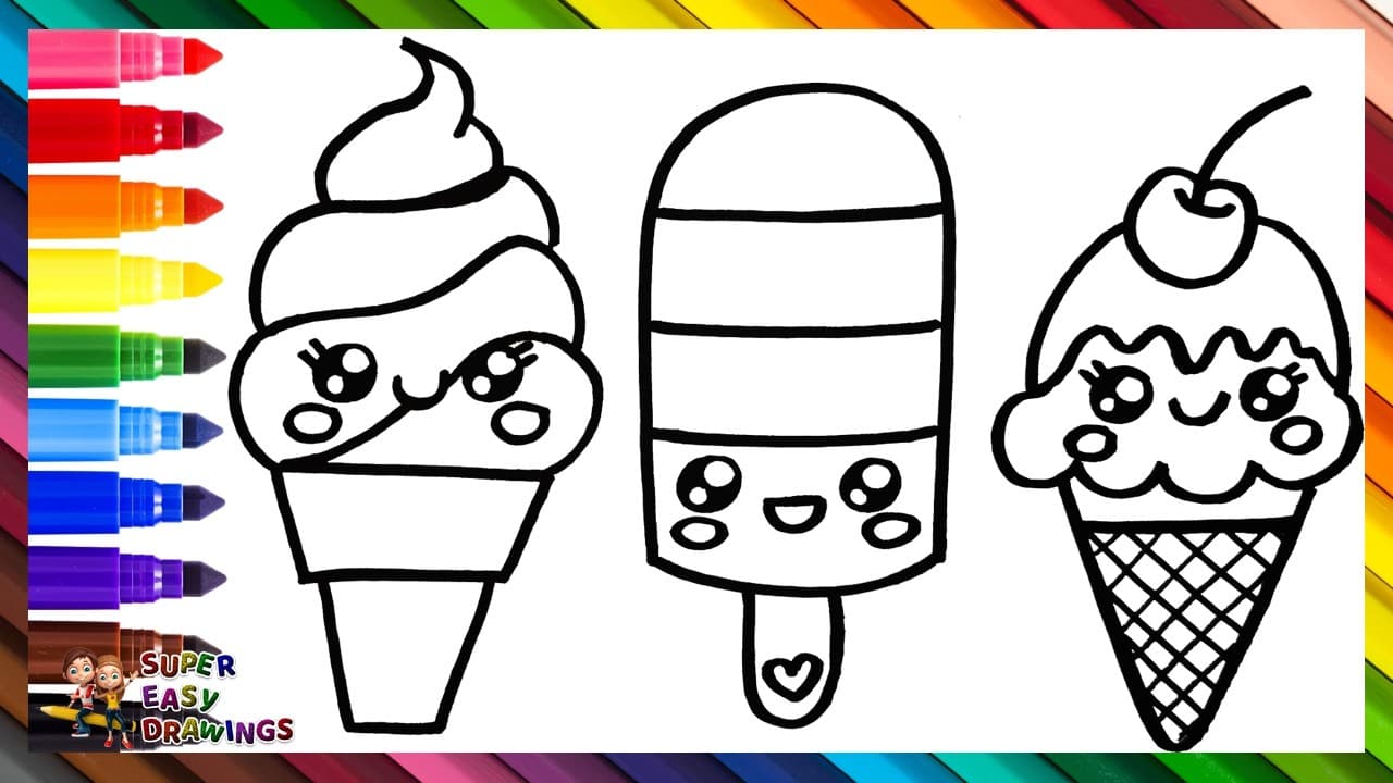 Preview of Draw and Color 3 Cute Ice Creams π§π¨π¦βοΈπ Drawings for Kids