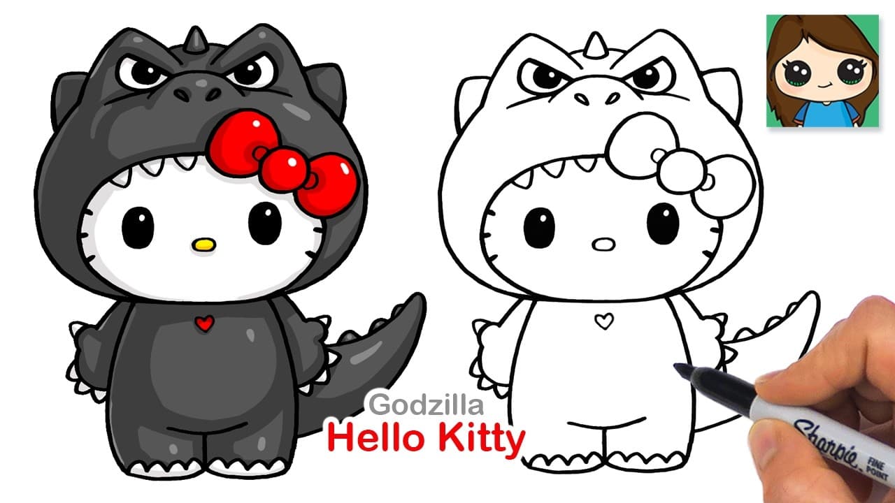 Preview of How to Draw Godzilla Hello Kitty | Sanrio Cute Drawing