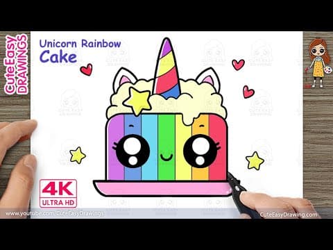 Preview of How to Draw a Cute Rainbow Unicorn Cake | Easy Birthday Cake Drawing for Kids
