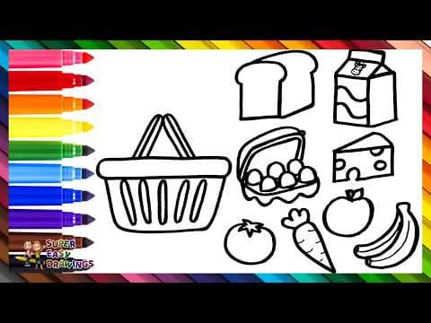 Preview of Draw and Color a Shopping Basket and Some Food 🧺 🥖 🥛 🥚 🧀 🍅 🥕 🍎 🍌🌈 Drawings for Kids