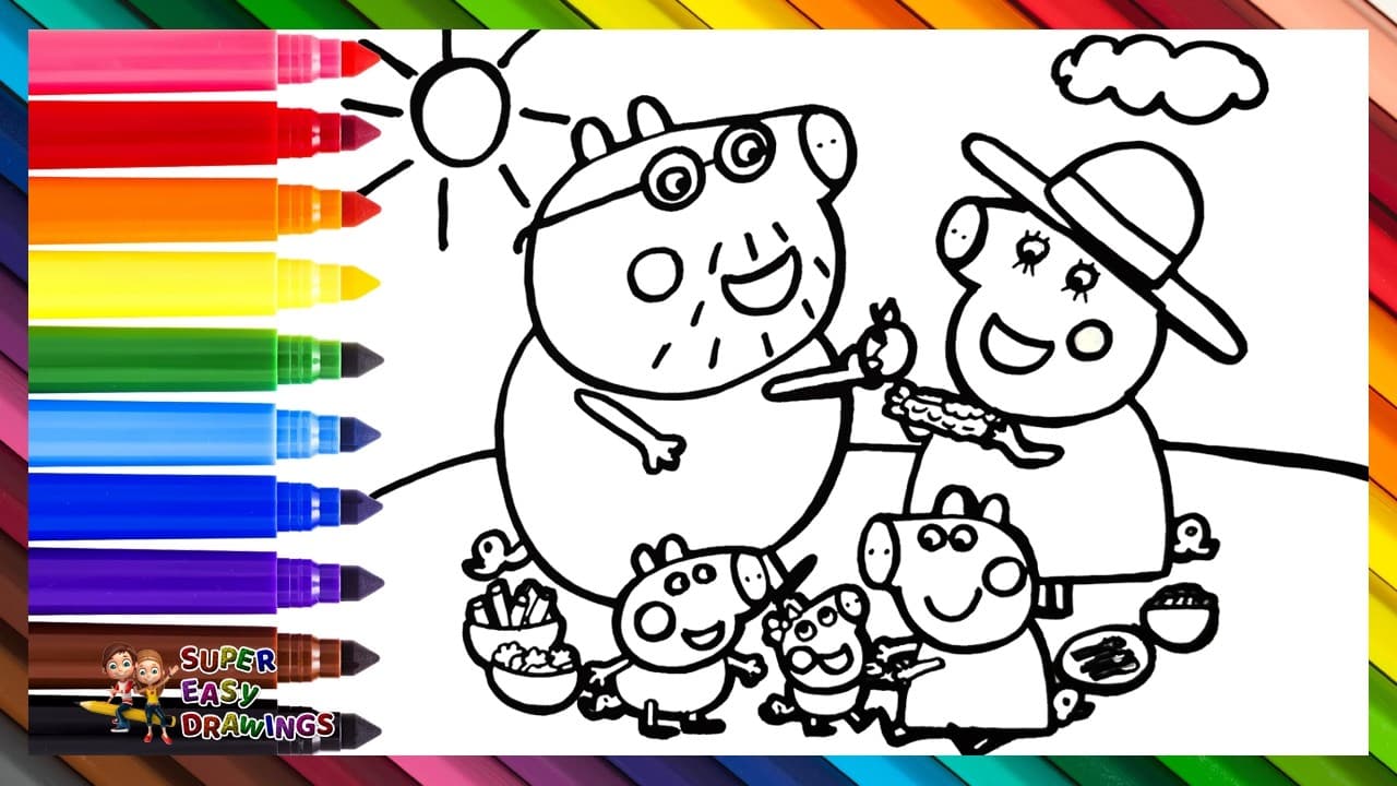 Preview of Draw And Color Peppa Pig And Her Family On A Picnic π·π§Ίπ½ππ₯¦π Drawings For Kids