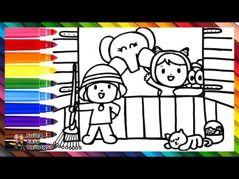 Preview of Draw and Color Pocoyo and His Friends on the Farm 👶🐘👧🦆🐱🐄 Drawings for Kids