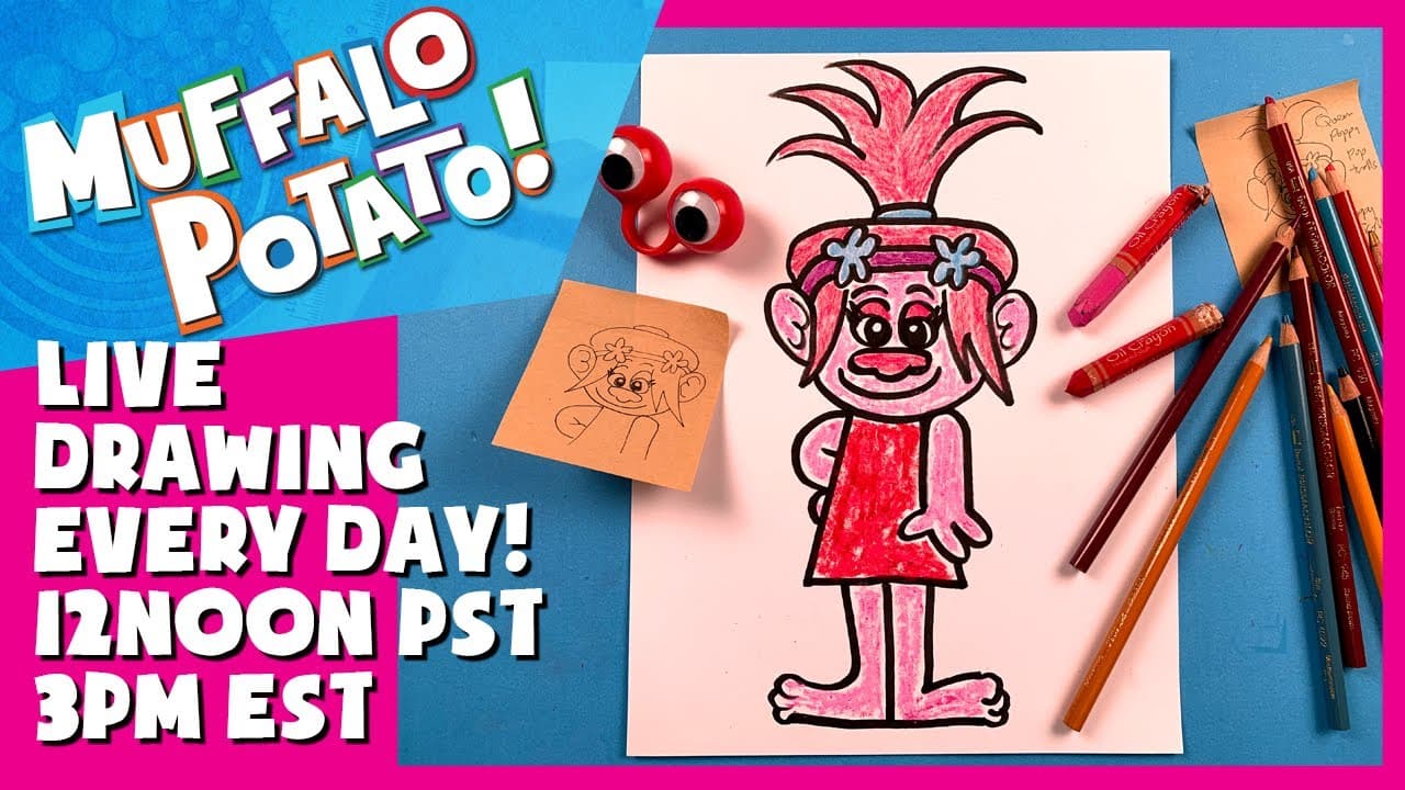 Preview of How To Draw QUEEN POPPY TROLL! #withme MUFFALO POTATO