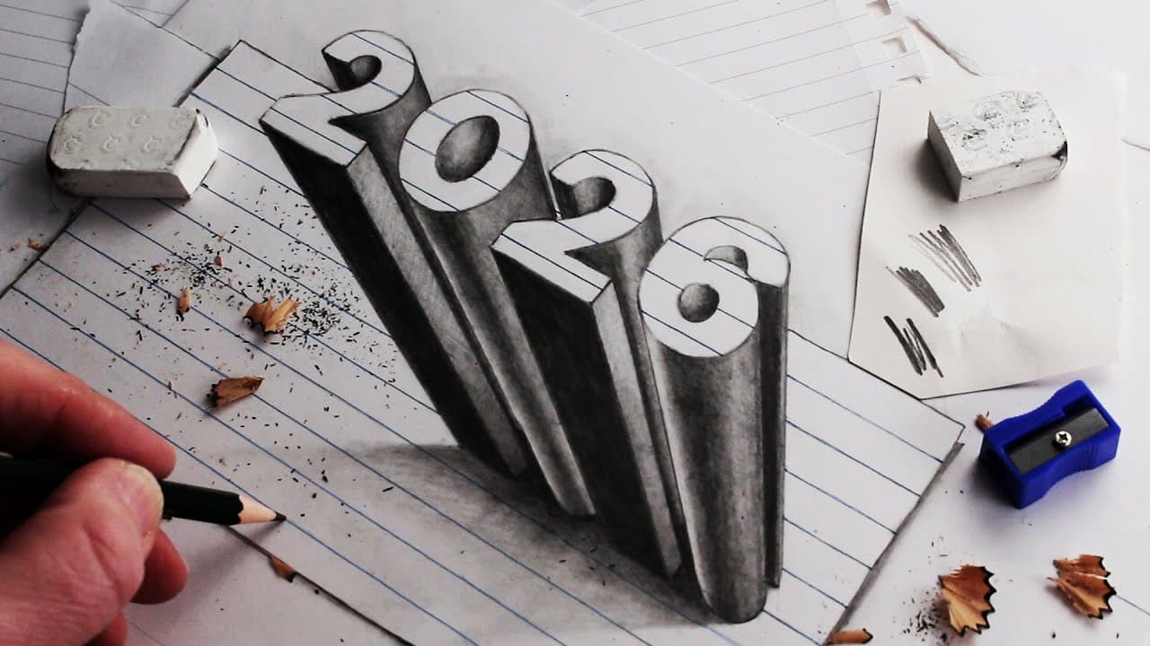 Preview of How to Draw 2026 Numbers 3D trick Art on Line Paper