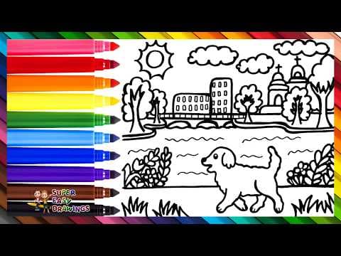Preview of Draw And Color A City Landscape With A Puppy 🏙️🐶🌼🌳🏠🌉⛅🌈 Drawings For Kids