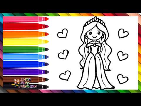 Preview of Draw and Color a Cute Princess 👸❤️🧡💛💚💙💜🌈 Drawings for Kids