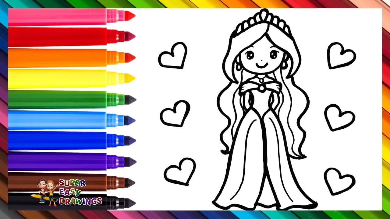 Preview of Draw and Color a Cute Princess πΈβ€οΈπ§‘πππππ Drawings for Kids