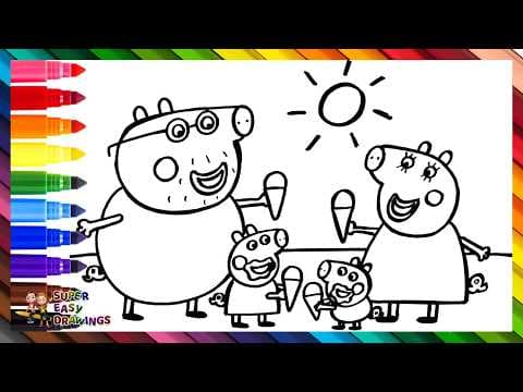 Preview of Draw and Color Peppa Pig and Her Family Eating Ice Cream 🐷 Drawings for Kids