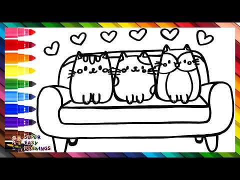Preview of Draw and Color 3 Cute Cats on the Sofa 🐱🐱🐱🛋️🌈 Drawings for Kids