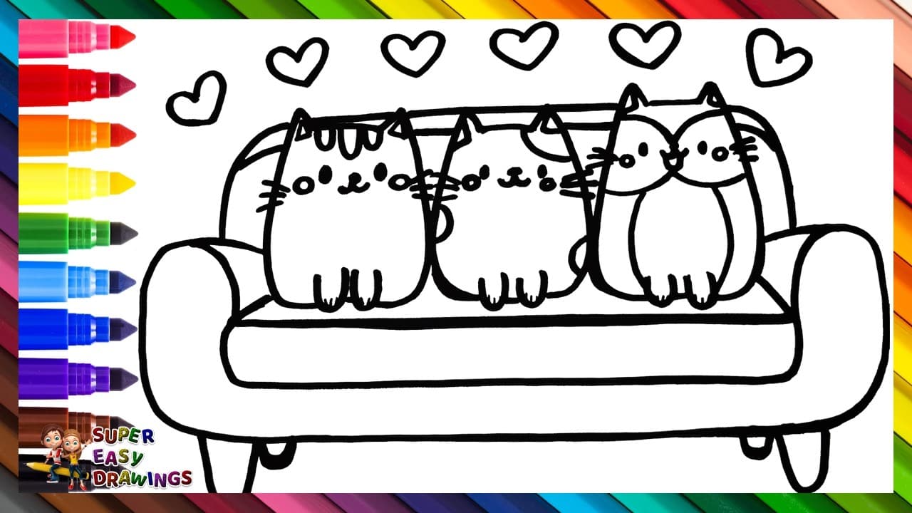 Preview of Draw and Color 3 Cute Cats on the Sofa π±π±π±ποΈπ Drawings for Kids