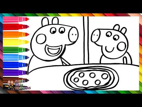 Preview of Draw and Color Peppa Pig and George Pig Eating Pizza 🐷🍕🌈 Drawings for Kids