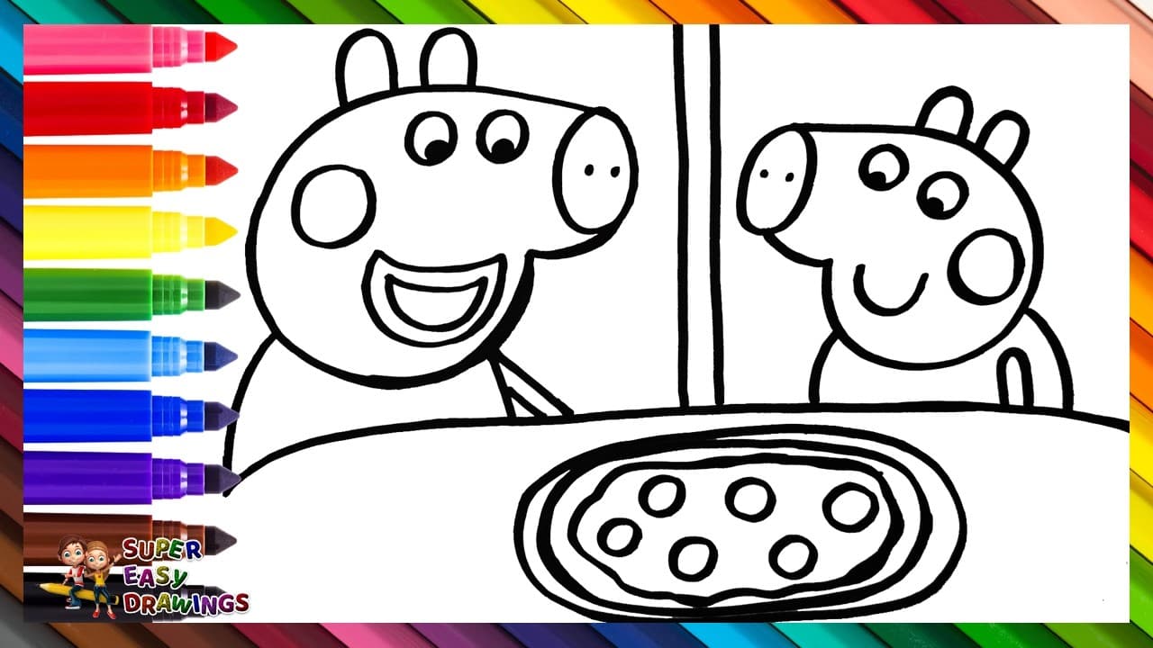 Preview of Draw and Color Peppa Pig and George Pig Eating Pizza ๐ท๐๐ Drawings for Kids