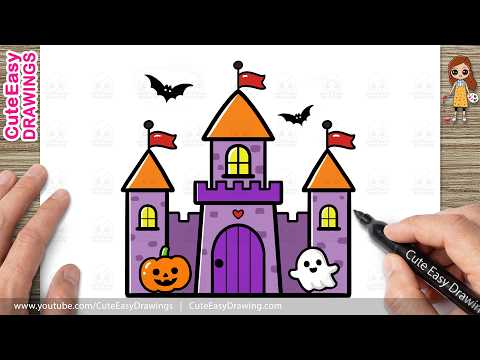 Preview of How to Draw Halloween Castle with Pumpkin and Ghost - Easy Step by Step Drawing Tutorial for Kids!
