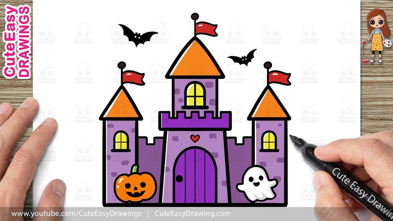 Preview of How to Draw Halloween Castle with Pumpkin and Ghost - Easy Step by Step Drawing Tutorial for Kids!