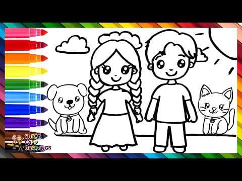Preview of Draw and Color Children and Their Pets: A Girl, A Boy, A Dog, and A Cat 👦👧🌈 Drawings for Kids