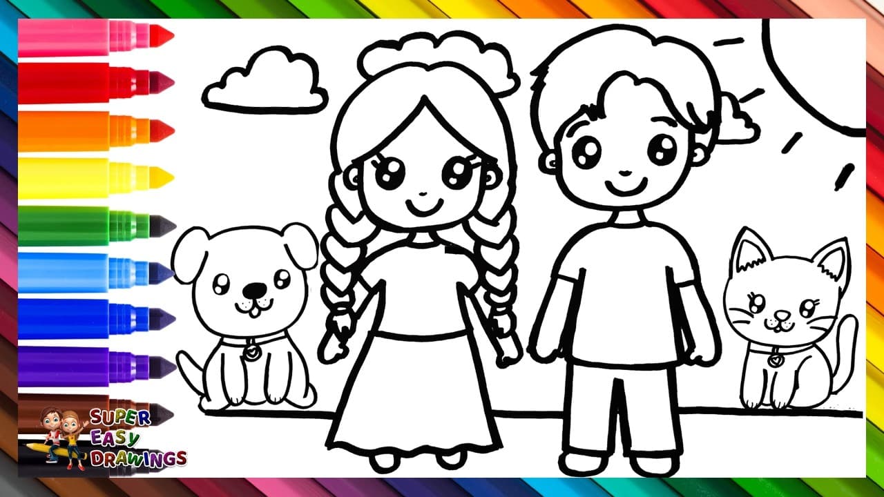Preview of Draw and Color Children and Their Pets: A Girl, A Boy, A Dog, and A Cat π¦π§π Drawings for Kids