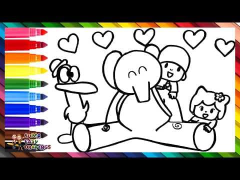 Preview of Draw And Color Pocoyó And His Friends 👶🐘👧🦆 Drawings For Kids