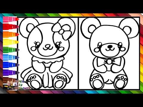 Preview of Draw and Color a Girl Teddy Bear and a Boy Teddy Bear 🧸🎀🧸👔🌈 Drawings for Kids