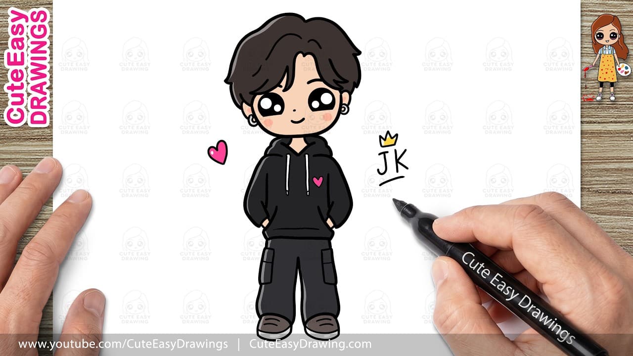 Preview of How to Draw a Cute Boy | Cute BTS Member JK Chibi Character Step-By-Step Drawing Tutorial!
