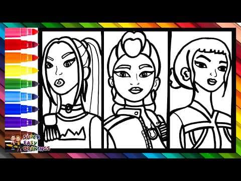 Preview of Draw and Color Rumi, Mira, and Zoey from K POP Demon Hunters 👩🎤🎤✨😈👹🗡️🌈 Drawings for Kids
