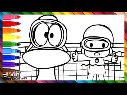 Preview of Draw and Color Pocoyo and Pato Swimming in a Pool 👶🥽🦆🏊🌊 Drawings for Kids