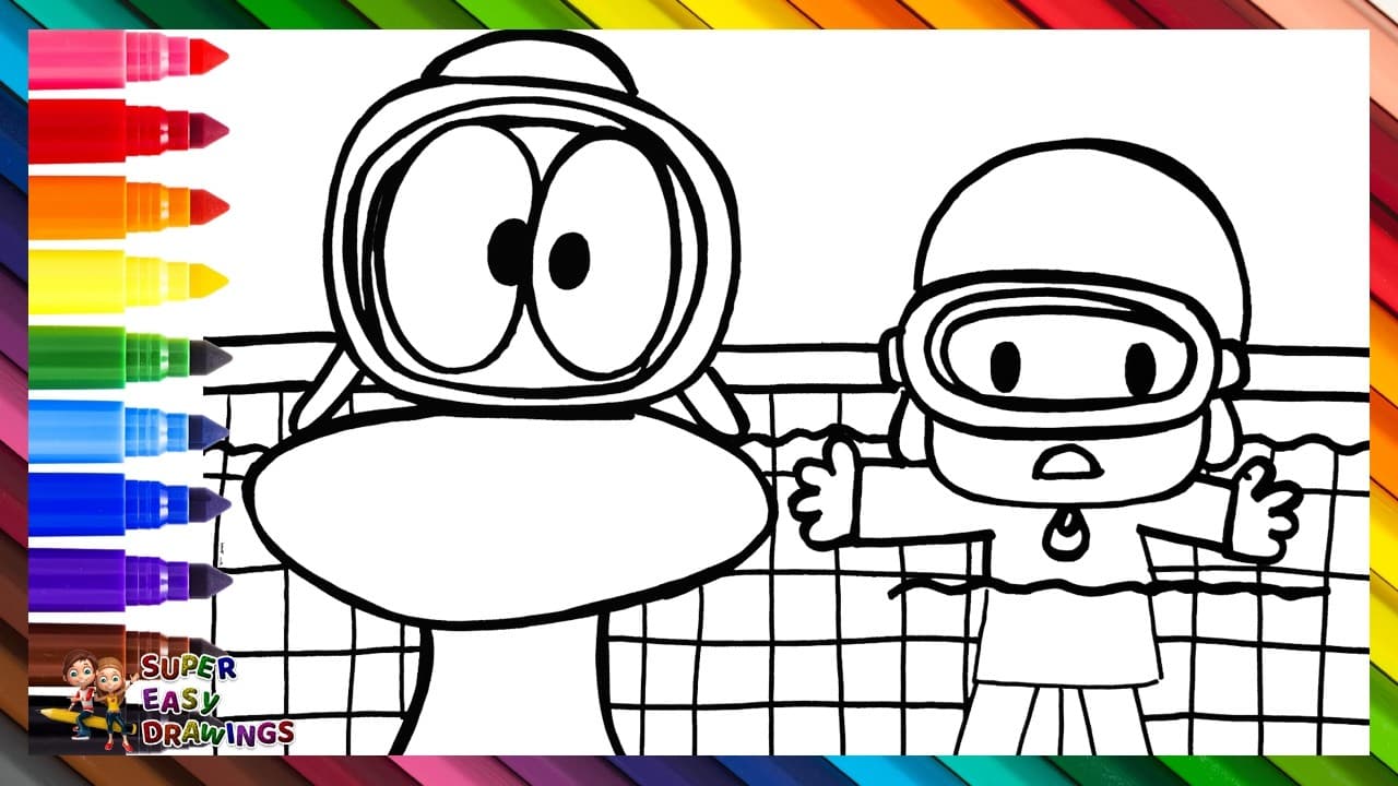 Preview of Draw and Color Pocoyo and Pato Swimming in a Pool πΆπ₯½π¦ππ Drawings for Kids