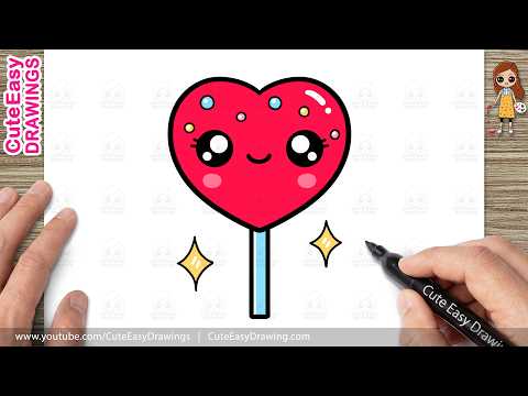 Preview of How to Draw a Cute Red Heart Lollipop | Easy Kawaii Heart Candy Drawing for Kids and Toddlers!