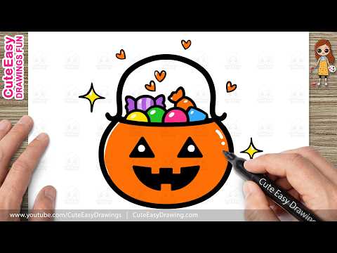 Preview of How to Draw a Cute Halloween Pumpkin Basket Filled with Candy 🎃 Kawaii Candy Basket Drawing Tutorial