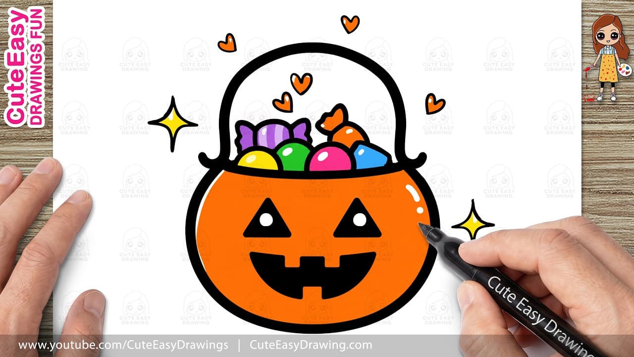 Preview of How to Draw a Cute Halloween Pumpkin Basket Filled with Candy π Kawaii Candy Basket Drawing Tutorial