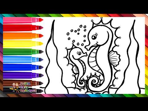 Preview of Draw and Color a Cute Baby Seahorse with Its Mom 🌊🐴🌈 Drawings for Kids
